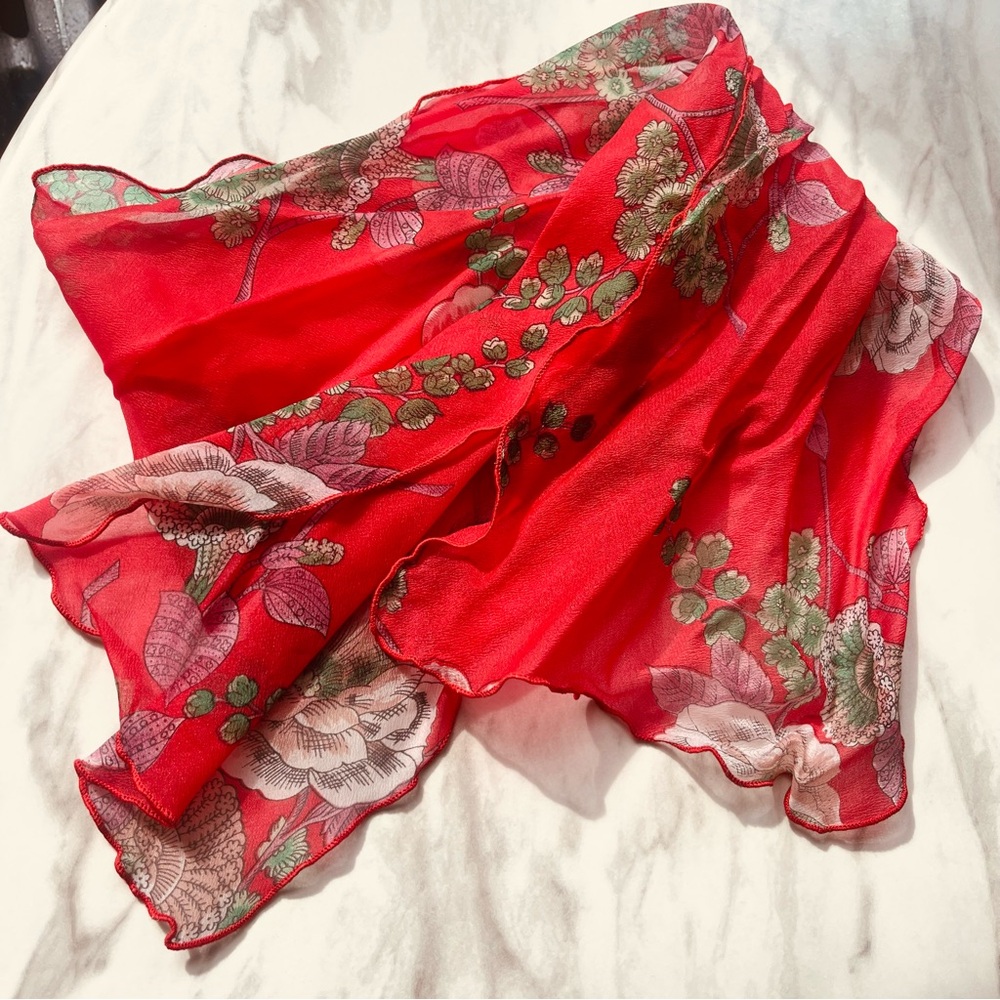 Vintage Floral Red Sheer Scarf